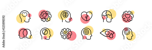 Psychotherapy set icon. Mental health, psychiatry, depression, cry, Yin Yang, brain, head, heart, bipolar, anxiety disorder. Healthcare concept. Vector line icon for Business and Advertising