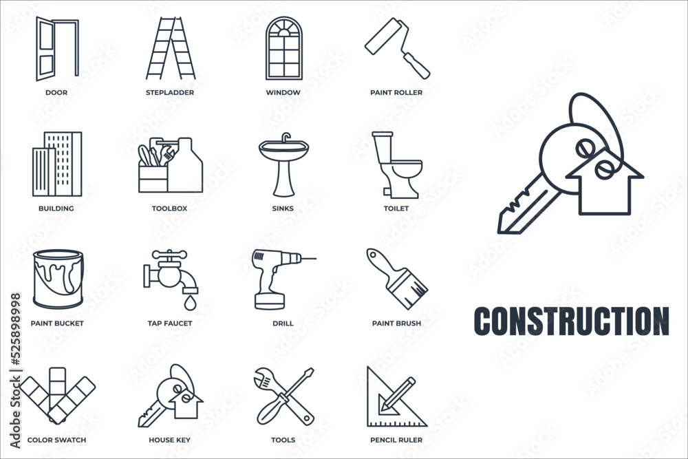 Fototapeta premium Set of Construction icon logo vector illustration. tools, toolbox, drill, door, color swatch, paint roller, paint bucket and more pack symbol template for graphic and web design collection