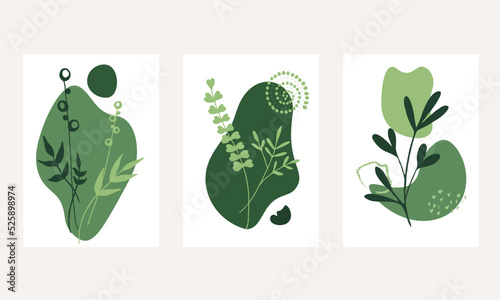 Set of creative green minimalist hand drawn illustrations. Perfect for wall decoration, greeting card, story, banner, icon, postcard or brochure cover design. Hand draw vector design elements.