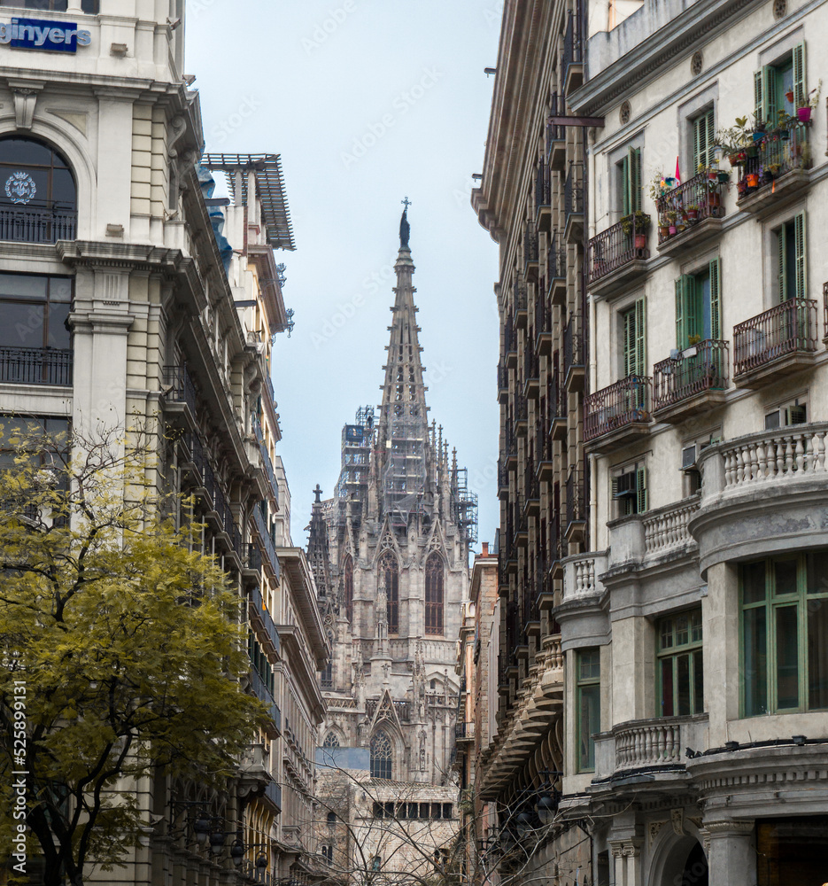 view of a gothic church from the street in Barcelona
