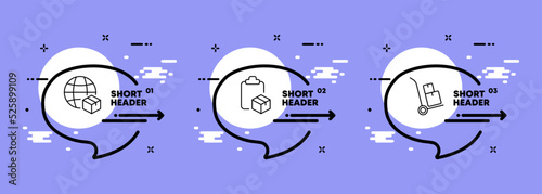 Worldwide delivery set icon. Planet, deliver parcels, box, packaging, invoice, storage room, cart. Logistics concept. Infographic timeline with icons and 3 steps. Vector line icon for Advertising