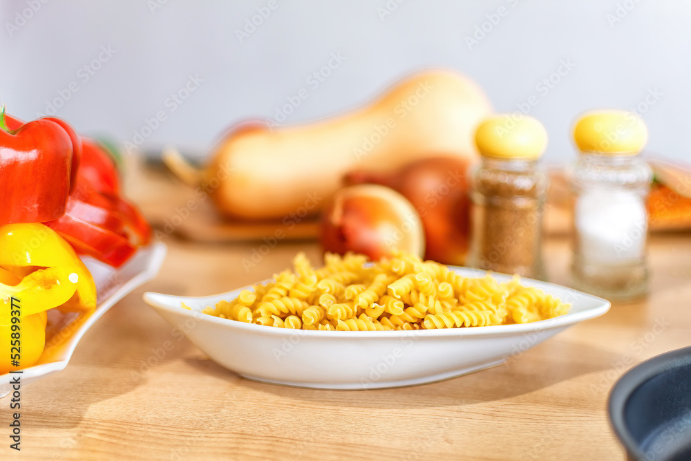 Italian Fusilli pasta in white plate. Italian Fusilli pasta in white plate.