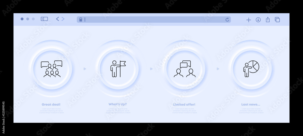 Working communication set icon. Teamwork, flag, achievement, information exchange, data analitycs, pie chart. Business concept. Neomorphism website interface. Vector line icon for Advertising Working communication set icon. Teamwork, flag, achievement, information exchange, data analitycs, pie chart. Business concept. Neomorphism website interface. Vector line icon for Advertising