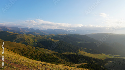 Big white clouds over green hills and mountains. Yellow-green grass covers the mountains, tall green coniferous trees in the gorge. Low bushes grow. A light haze floats on the ground. Assy, Kazakhstan