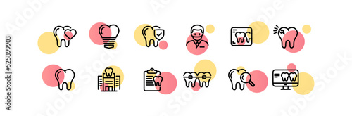 Dentistry set icon. Stomatology, tooth, heart, veneer, checkmark, doctor, crack, enamel, treatment, prescription, braces, magnifier, document, computer. Healthcare concept. Vector line icon