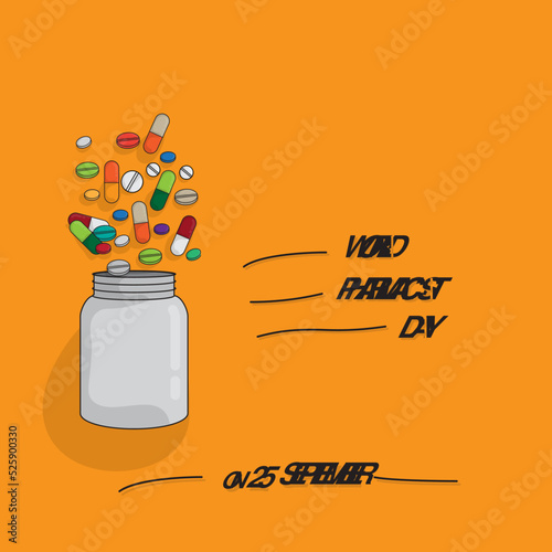 World pharmacist day with drug spilled from medicine box in cartoon design