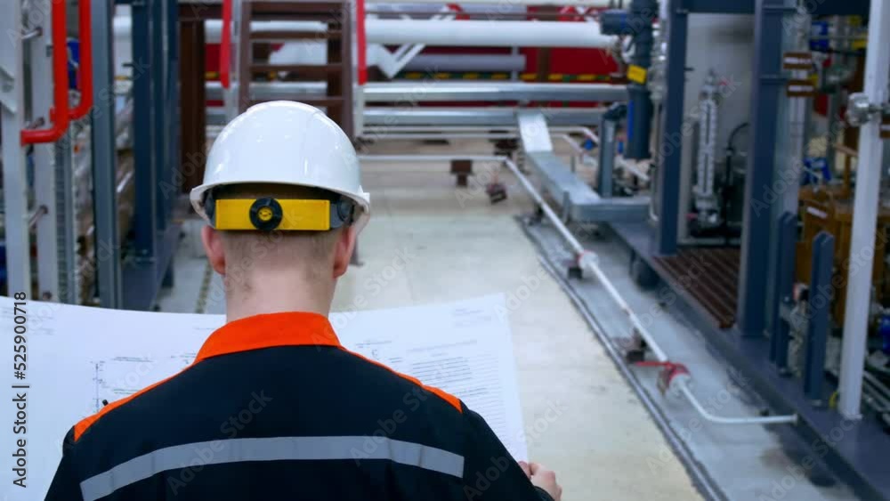 Rear view of an engineer in a white hard hat looking at a blueprint at ...