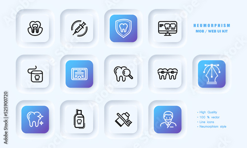 Dentistry set icon. Tooth, syringe, local anesthesia, shield, computer, dental floss, certificate, magnifier, braces, toothpaste, toothbrush, brush teeth, mouthwash. Healthcare concept. Neomorphism