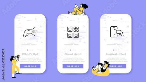 QR and barcode scanners. Phone, sticker, label, goods labeling, portable, encrypted information, sale. Technology concept. UI phone app screens. Vector line icon for Business and Advertising