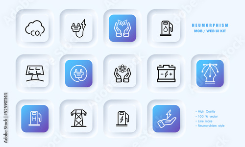 Electricity sources set icon. Carbon dioxide, plug, green energy, solar battery, nuclear power, accumulator, hydrogen, electric tower, charging station, lightning. Technology concept. Neomorphism