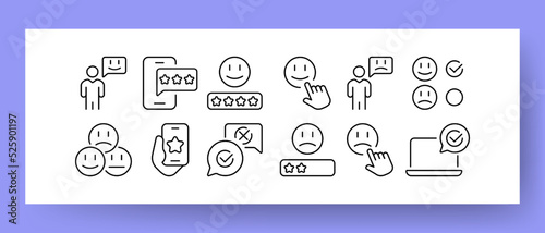 Feedback set icon. User, smile, emoticon, phone, stars, hand, sad, checkbox, tick, reaction, review, laptop, comment, rate the service. Rating concept. Vector line icon for Business and Advertising