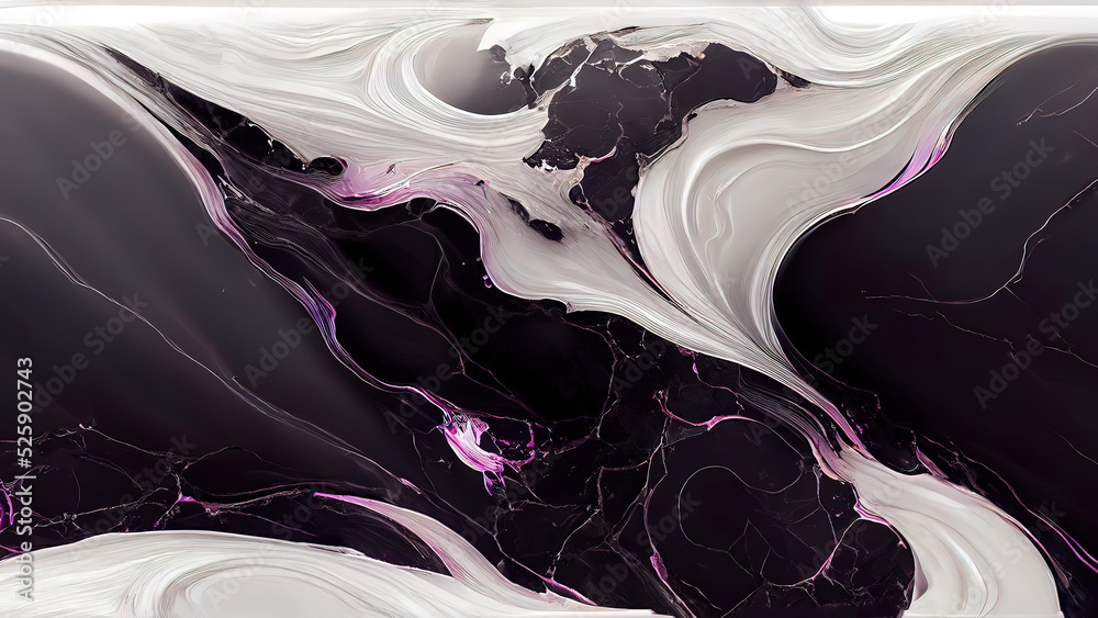 Liquid black and white marble texture with hints of purple. Smooth