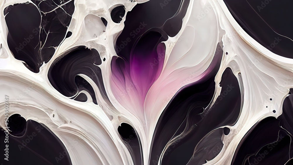Liquid black and white marble texture with hints of purple. Smooth