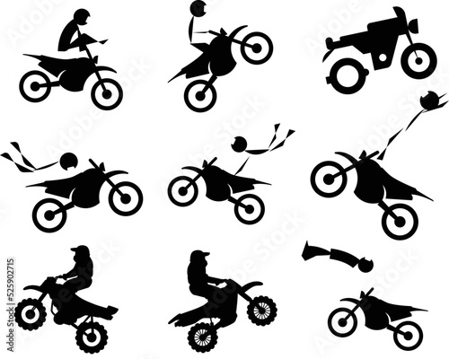 Collection of Bike Jumping fallen man icon flat isolated vector Silhouettes