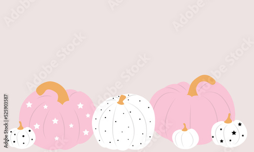 Banner with decorative pumpkins. Glamorous  pink and white pumpkins with star and dot print pattern vector illustration. Girl  or baby party decoration.