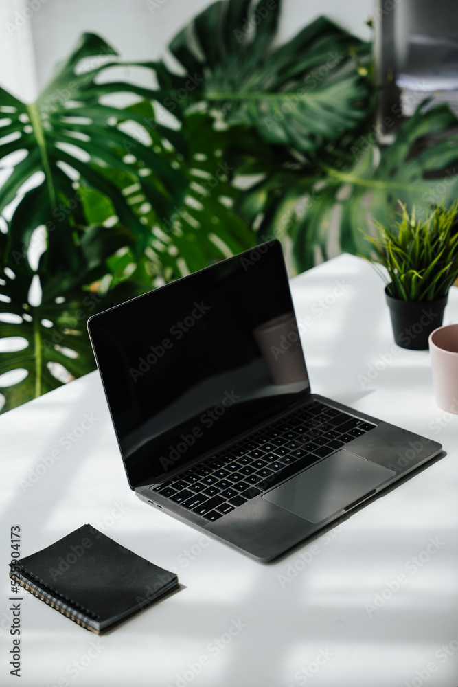 Laptop, note book and a cup on work desk in workplace with ornamental plant. Laptop, note book and a cup on work desk in workplace with ornamental plant.