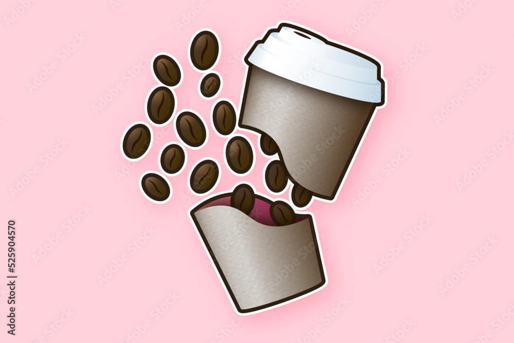 Realistic paper coffee cup cut in half with spilled coffee beans. Good ...