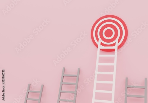 Achievement concept, an individual ladder reaches the goal in the form of target, while the others are behind. 3D rendering