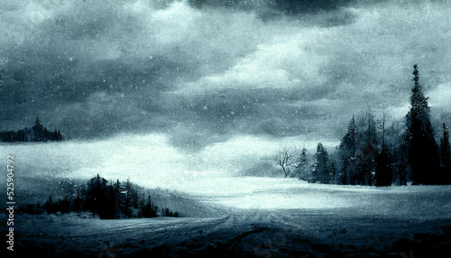 Fantastic Winter Epic Landscape of Mountains. Celtic Medieval forest. Frozen nature. Glacier in the mountains. Mystic Valley. Artwork sketch. Gaming RPG background. Game asset 