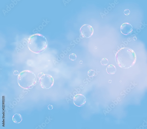 PNG images and vector files (EPS or AI) realistic soap bubbles png, Isolated bubbles easily fly in the sky against the background of clouds.