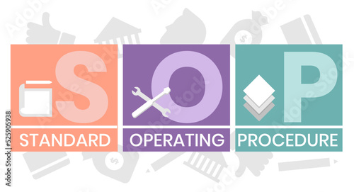 SOP, Standard Operating Procedure. Concept with keywords, letters and icons. Colored flat vector illustration. Isolated on white background.