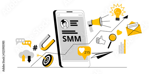 The mobile phone is among the elements of social media marketing. Vector illustration on the topic of promotion in social networks.