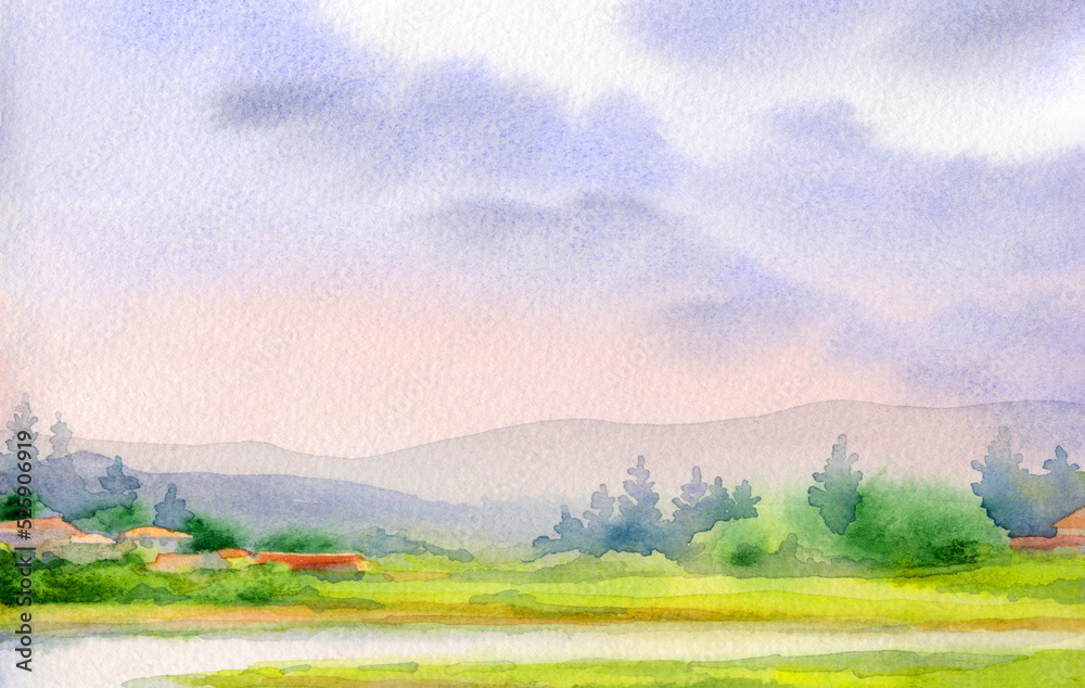 Watercolor landscape. Village by the river