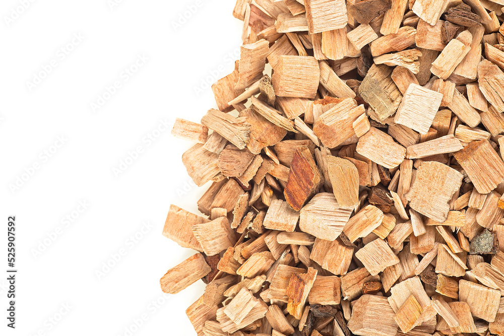 Wooden smoking chips for smoking isolated on a white background, top view. Apple tree. Wooden smoking chips for smoking isolated on a white background, top view. Apple tree.