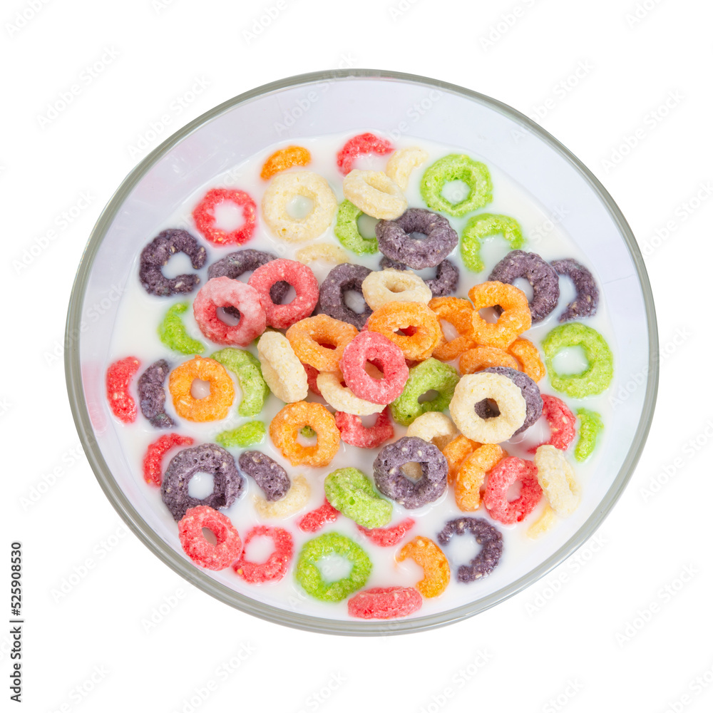 Fruity loops cereal rings breakfast with milk isolated on the white background Fruity loops cereal rings breakfast with milk isolated on the white background