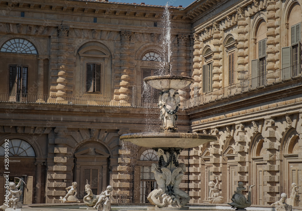 Monumental fountain with Pitti Palace in Boboli garden