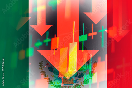 Downtrend of red arrows showing decreasing in economy in Mexico, March 2022, San Francisco, USA 