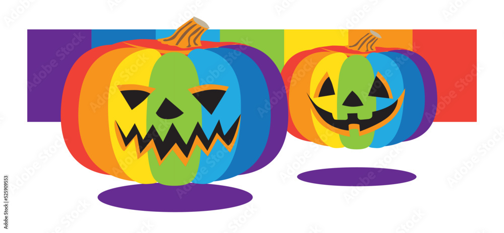 Multicolored halloween pumpkins with funny evil faces. Ideal for invitations, posters, flyers, cards. Colorful and festive vector design. colorful halloween Multicolored halloween pumpkins with funny evil faces. Ideal for invitations, posters, flyers, cards. Colorful and festive vector design. colorful halloween