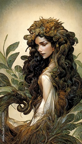 Beautiful seductive dryad. The pagan spirit of the forest. Portrait of a beautiful dryad. photo