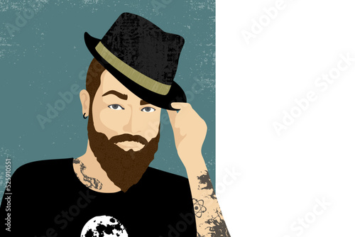 An attractive tattooed man wearing a grunge moon shirt and tipping a fedora hat. With patterns, textures, and copy space
 photo