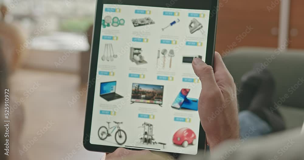 Closeup hands browsing online shopping website searching product to buy. Person sitting at home sofa scrolling through e-commerce site app