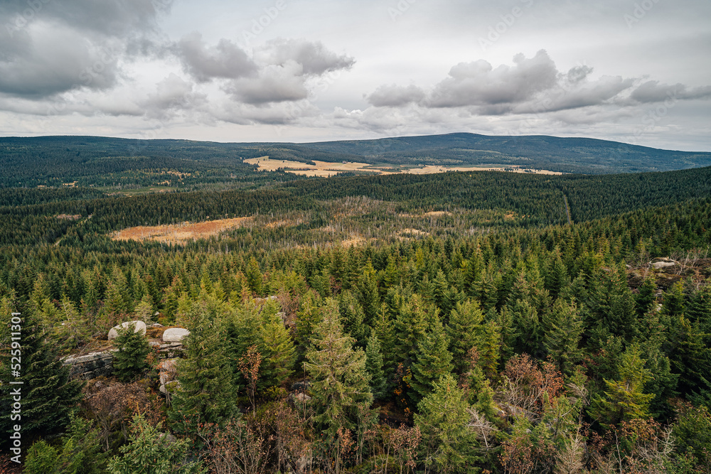 View of Jizerske mountains in autumn. First person view of mountain landscape in fall.