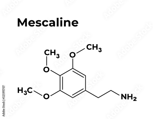 Mescaline peyote phychedelic drug flat chemical formula isolated on white background