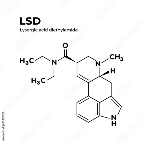 LSD lysergic acid diethylamide, phychedelic drug flat chemical formula isolated on white background photo