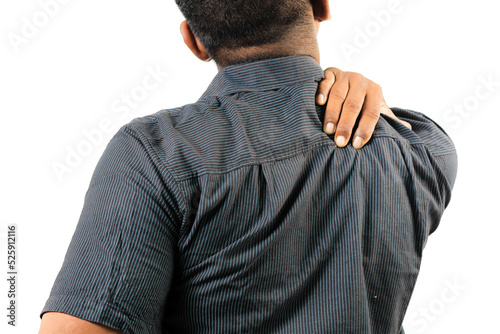 Man holding shoulder ,ache shoulder isolated white background.