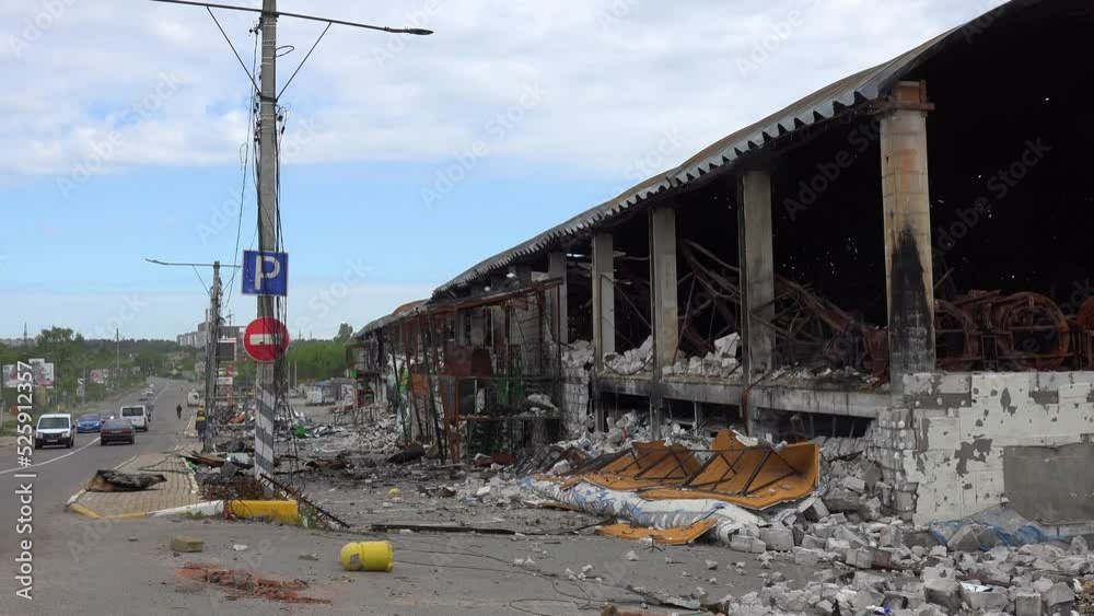 2022 - Bucha, Ukraine - a shopping center was hit and burned by Russian missiles. 2022 - Bucha, Ukraine - a shopping center was hit and burned by Russian missiles.