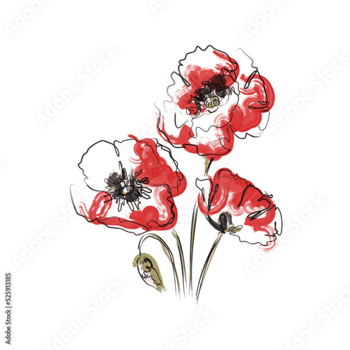 Abstract Red Poppy flowers. The effect of red gouache stains. Contemporary floral art style. Suitable for posters, logos and templates. Isolated on white background