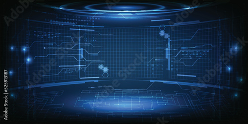 Vector illustrations of futuristic blue  digital hi-tech stage layout with empty copy space and digital element decoration for showcase.Digital innovation and technology concepts.
