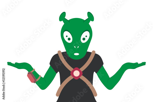 Alien put his hands out to the sides. Concept of choice and decision making. UFO day. Green alien in uniform with gadgets. Vector Flat illustration isolated on white background.