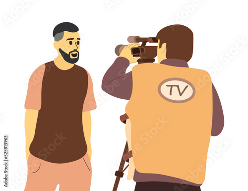 Team of man reporter journalist man operator broadcasting soccer football match in stadium. News, reportage, journalism, sport, interview, mass media concept. Broadcast competition recording video.
