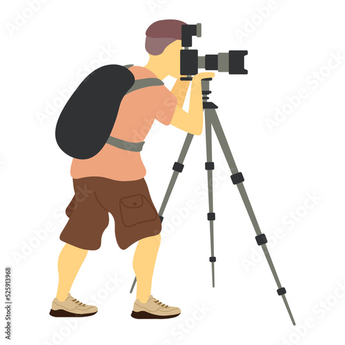 Man stands and takes pictures with a professional camera with a tripod on a white background.  International sports journalist day. News, reportage, journalism, sport, interview, mass media concept.