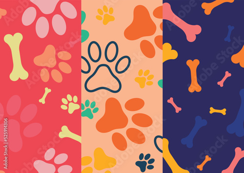 conjunto de fondos vectoriales de huellas y huesos silueta de huellas de perros coloridas