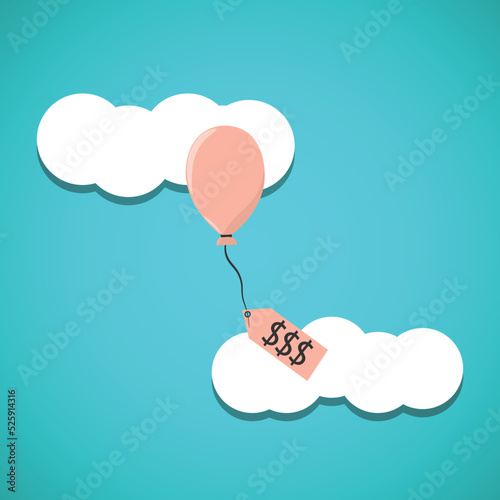 Inflation causing price rising up, overvalued stock or funds, consumer purchasing power reducing concept, air balloon tied with product price tag flying high rising up in sky.
