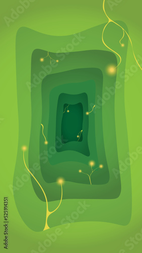 Minimal geometric papercraft background. Green circles elements with fluid gradient. Dynamic shapes composition. Flat Vector illustration