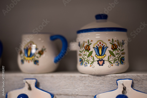 Clay pots in kashubian composition, a souvenir from the Kashubian region in Poland.