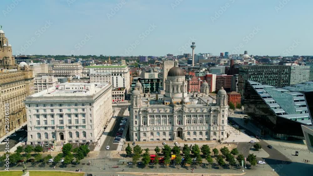 Aerial view over Liverpool Pier Head and the Three Graces - drone photography Aerial view over Liverpool Pier Head and the Three Graces - drone photography